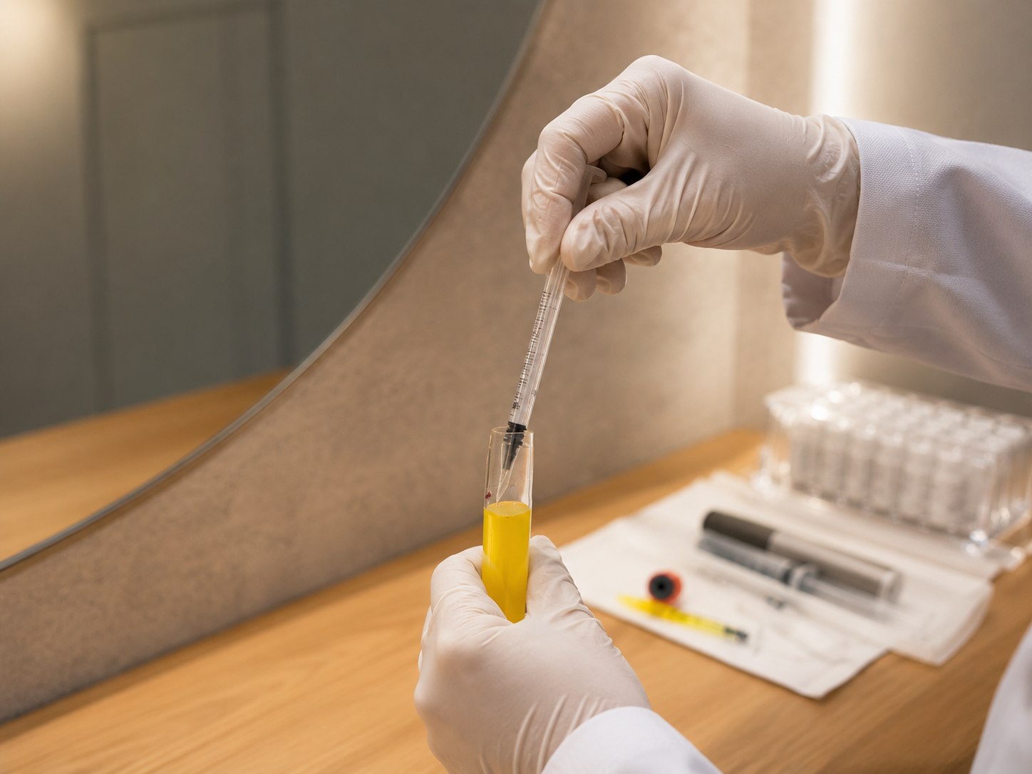 A small sample is spun in a centrifuge to concentrate the platelets and separate the platelet-rich plasma.