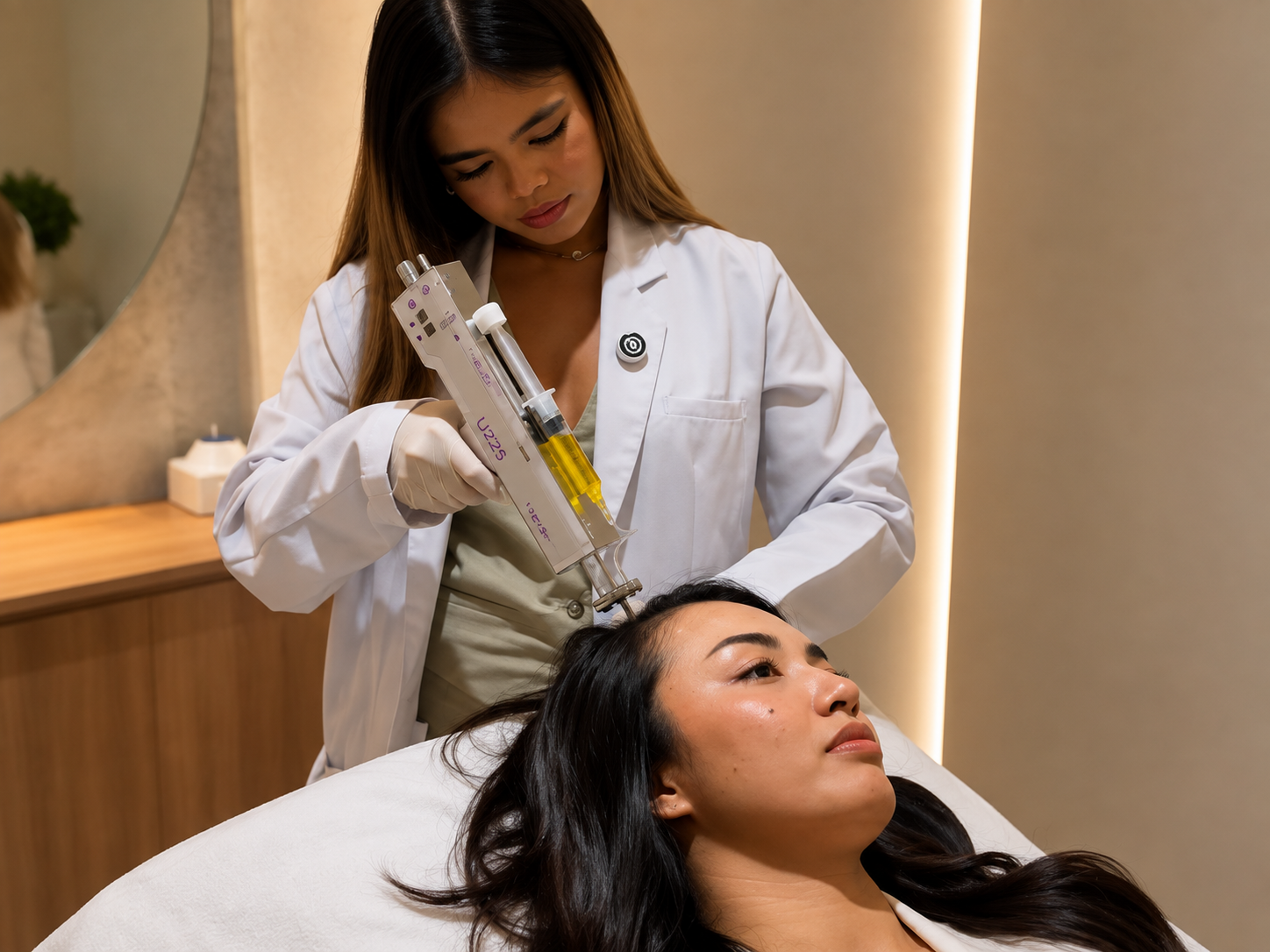 The concentrated plasma is carefully applied to thinning or receding areas using fine needles.